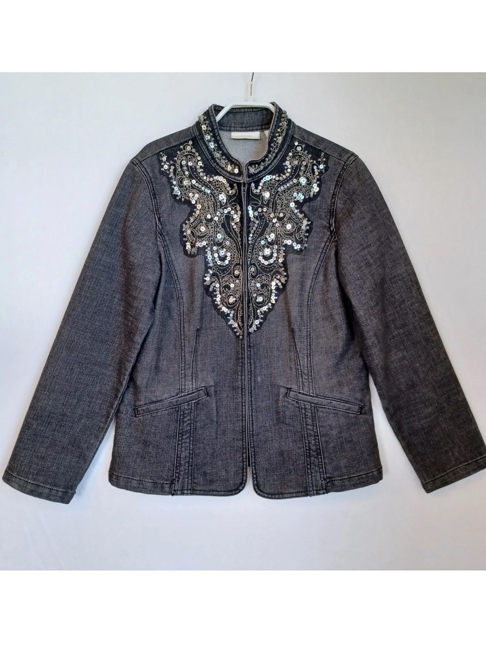 Chico’s Charcoal Gray Denim Embellished Jean Jacket Size 1/Smedium